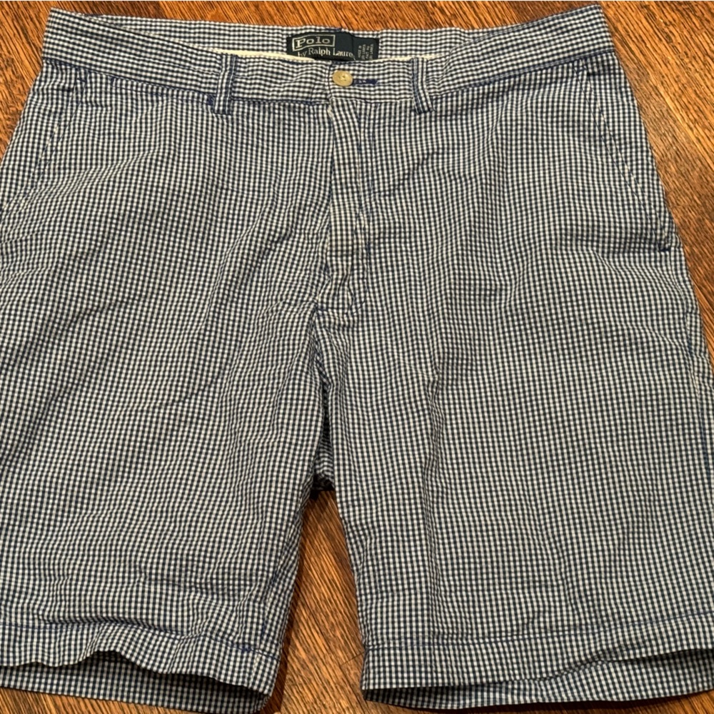 Polo by Ralph Lauren Blue and White Gingham Flat Front Shorts seersucker 32”